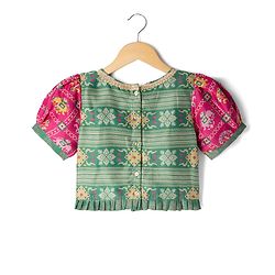 Pine Kids Woven Lehenga Choli Dupatta with Half Sleeves and Geometric Print in Red