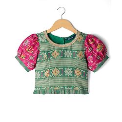 Pine Kids Woven Lehenga Choli Dupatta with Half Sleeves and Geometric Print in Red