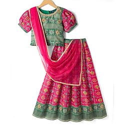 Pine Kids Woven Lehenga Choli Dupatta with Half Sleeves and Geometric Print in Red