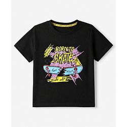 Pine Kids 100% Cotton Knit T-Shirt with Half Sleeves and Skateboard Print in Black