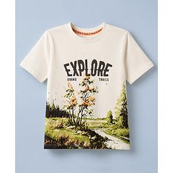 Pine Kids 100% Cotton Knit T-Shirt with Half Sleeves and Landscape Print in Offwhite for 4-5 Years