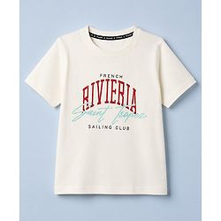 Pine Kids 100% Cotton Knit T-Shirts with Half Sleeves and French Riviera Saint Tropez Sailing Club Print in Offwhite for 4-5 Years