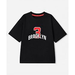 Pine Kids 100% Cotton Knit T-Shirts with Half Sleeves, Drop Shoulder Sleeves and 3 Brooklyn Print in Black