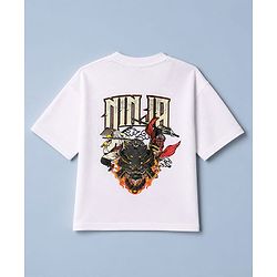 Pine Kids 100% Cotton Knit T-Shirts with Half Sleeves, Drop Shoulder and Ninja Print in White