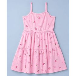 Pine Kids Cotton Knit Frock with Jacket with Full Sleeves and Roses Print in Pink
