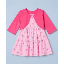 Pine Kids Cotton Knit Frock with Jacket with Full Sleeves and Roses Print in Pink