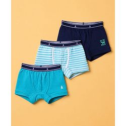 Pine Kids 100% Cotton Knit Striped Trunks With On the Wheels Text Print Pack of 3 - Blue & Navy Blue