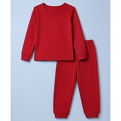 Pine Kids Cotton Mix Knit Solid Vest & Pant Thermal Set with Full Length in Dark Red
