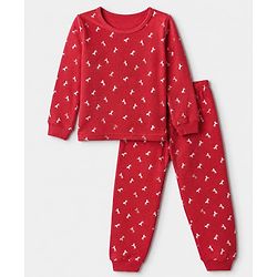 Pine Kids Cotton Mix Knit Full Sleeves Thermal Inner Wear Set With Horse Print - Red