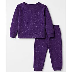 Pine Kids Cotton Knit Full Sleeves Vest and Pant Thermal Inner Wear Set with Full Length and Stars Print in Purple