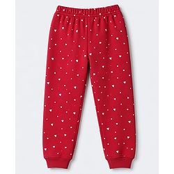 Pine Kids Cotton Knit Ribbed Full Sleeves Vest and Pant Thermal Inner Wear Set with Full Length and Hearts Print in Red