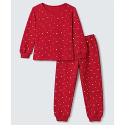 Pine Kids Cotton Knit Ribbed Full Sleeves Vest and Pant Thermal Inner Wear Set with Full Length and Hearts Print in Red