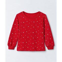 Pine Kids Cotton Knit Ribbed Full Sleeves Vest and Pant Thermal Inner Wear Set with Full Length and Hearts Print in Red