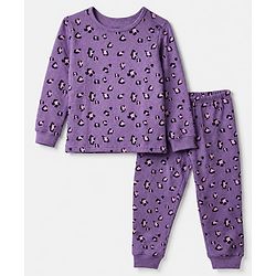 Pine Kids Cotton Blend Knit Full Sleeves Round Neck Thermal Set with Leopard Spots Print - Lilac