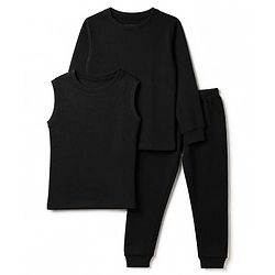 Pine Kids Cotton Blend Knit Full Sleeves Solid Colour Thermal Wear Set with Vest - Black