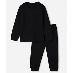 Pine Kids Cotton Knit Full Sleeves Solid Vest and Pant Thermal Inner Wear Set in Black
