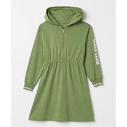 Pine Kids 100% Cotton Knit Knitwear Dress with Full Sleeves and Girls Club Print in Olive Green