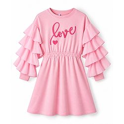 Pine Kids 100% Cotton Winter Frock with Full Sleeves and Love Print in Pink for 4-5 Years