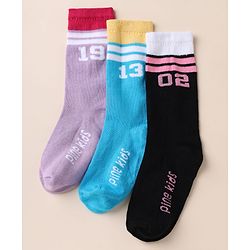 Pine Kids Cotton Mix Knit Set of Socks Below Knee Length With Text Design Pack of 3 - Blue Black Purple