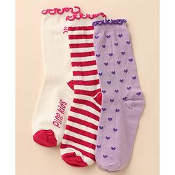 Pine Kids Cotton Nylon Knit Below Knee Length Socks With Stripe Design Pack Of 3 - Red Purple & Cream