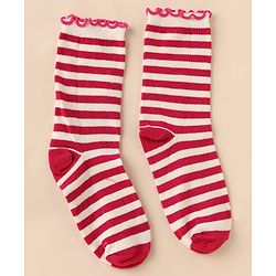 Pine Kids Cotton Nylon Knit Below Knee Length Socks With Stripe Design Pack Of 3 - Red Purple & Cream