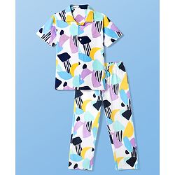 Pine Kids 100% Cotton Knit with Washed Single Jersey 180 GSM Half Sleeves Co-ord Shirt & Pajama with Abstract Print - White