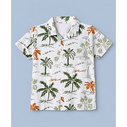 Pine Kids 100% Cotton Bio Washed Single Jersery 180 GSM Knit Half Sleeves Co-ord Shirt & Pajama Night Suit with Trees Print - White