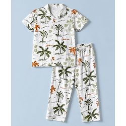 Pine Kids 100% Cotton Bio Washed Single Jersery 180 GSM Knit Half Sleeves Co-ord Shirt & Pajama Night Suit with Trees Print - White
