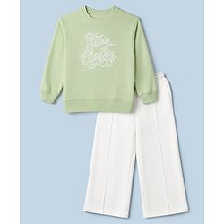 Pine Kids Looper Knit Full Sleeves Top With Text Print & Pant Set - Olive Green