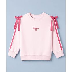 Pine Kids Looper Knit Full Sleeves Top & Pant Set With Text Print & Bow Applique - Pink