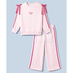 Pine Kids Looper Knit Full Sleeves Top & Pant Set With Text Print & Bow Applique - Pink
