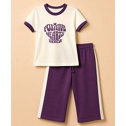 Pine Kids Single Jersey Knit Half Sleeves T-Shirt & Pant Set with Positive Hearts Text Print - Off White