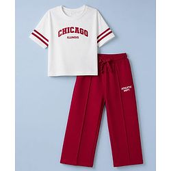 Pine Kids Single Jersey Knit Half Sleeves Top and Pants With Text Print - OffWhite & Red