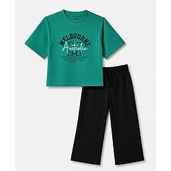 Pine Kids 100% Cotton Bio Washed Knit Co-ord T-Shirt & Pyjama Night Suit With Melbourne Text in Green