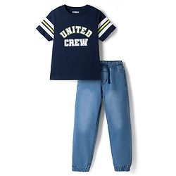 Pine Kids 100% Cotton Knit Half Sleeves T-Shirt and Jogger with Full Length and United Crew Print in Navy Blue