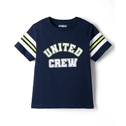 Pine Kids 100% Cotton Knit Half Sleeves T-Shirt and Jogger with Full Length and United Crew Print in Navy Blue