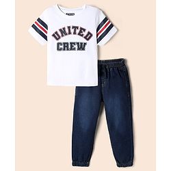Pine Kids 100% Cotton Knit Half Sleeves T-Shirt and Jogger with Full Length and United Crew Print in White for 4-5 Years