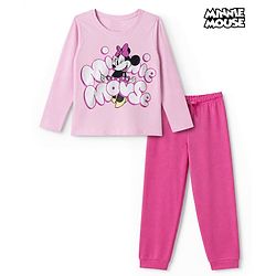 Pine Kids Disney 100% Cotton Single Jersey Knit Full Sleeves T-Shirt & Pajama Night Suit with Minnie Mouse Graphic Print - Pink