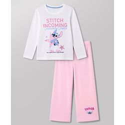 Pine Kids Disney 100% Cotton Single Jersey Knit Full Sleeves T-Shirt & Pajama Night Suit with Stitch Graphic Print - White & Pink