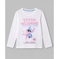 Pine Kids Disney 100% Cotton Single Jersey Knit Full Sleeves T-Shirt & Pajama Night Suit with Stitch Graphic Print - White & Pink