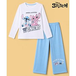 Pine Kids Disney 100% Cotton Single Jersey Knit Full Sleeves T-Shirt & Pajama Night Suit with Stitch and Angel Graphic Print - Light Blue