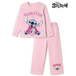 Pine Kids Disney 100% Cotton Single Jersey Knit Full Sleeves T-Shirt & Pajama Night Suit with Stitch Graphic Print - Pink