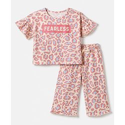 Pine Kids 100% Cotton Bio Washed Single Jersery 180 GSM Knit Half Sleeves Co-ord Top & Pajama Night Suit with Frill Detail & Fearless Text & Abstract All Over Print - Pink