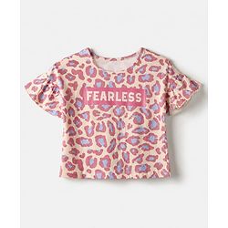 Pine Kids 100% Cotton Bio Washed Single Jersery 180 GSM Knit Half Sleeves Co-ord Top & Pajama Night Suit with Frill Detail & Fearless Text & Abstract All Over Print - Pink