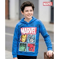 Pine Kids Marvel 100% Cotton Terry Knit Hoodie with Full Sleeves and Marvel Characters Print in Blue for 4-5 Years