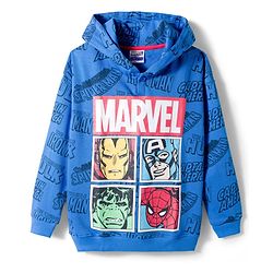 Pine Kids Marvel 100% Cotton Terry Knit Hoodie with Full Sleeves and Marvel Characters Print in Blue for 4-5 Years