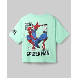 Pine Kids Marvel 100% Cotton Knit Single Jersey T-Shirt with Half Sleeves and Spider-Man Print in Mint