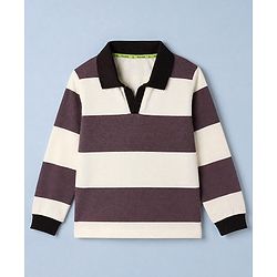 Pine Kids Cotton Knit Full Sleeves T-Shirt with Striped Print in Offwhite