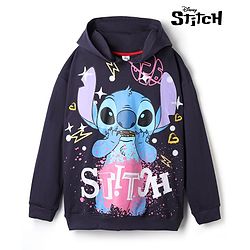 Pine Kids Disney 100% Cotton Terry Knit Sweatshirt with Full Sleeves and Stitch Print in Black