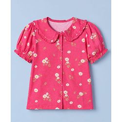 Pine Kids 100% Cotton Knit Top with Half, Puffed Sleeve and Floral Print in Pink